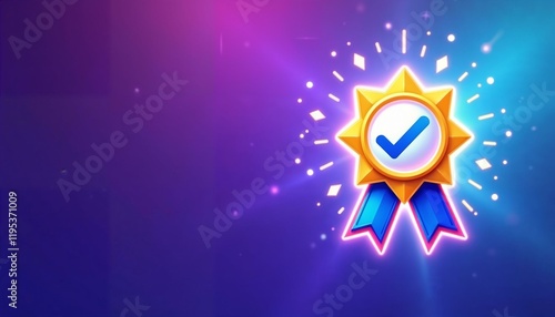 Glowing digital award ribbon icon with checkmark and bright star highlights