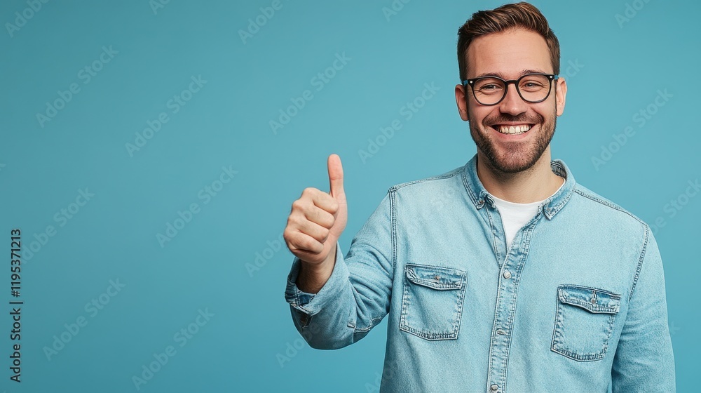 Naklejka premium Cheerful man giving a thumbs-up in front of a bright blue background, showcasing friendly vibes in a casual setting
