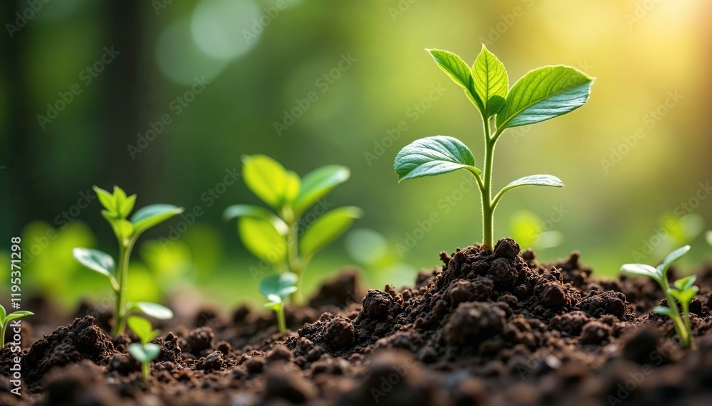 Delicate green plant sprout emerging from soil illuminated by soft sunlight Delicate green plant sprout emerging from soil illuminated by soft sunlight