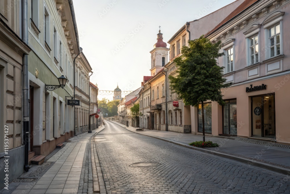 Serene cobblestone street at sunrise, lined with historic buildings, showcasing the quiet beauty of early morning light Serene cobblestone street at sunrise, lined with historic buildings, showcasing the quiet beauty of early morning light