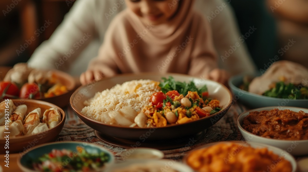 Child sits at table with a delicious meal of rice and stew Child sits at table with a delicious meal of rice and stew