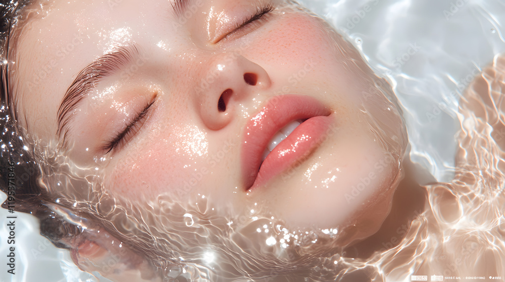Fototapeta premium Young woman with closed eyes enjoying a serene moment in a clear water pool during a sunny afternoon