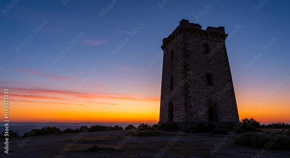 Sunrise or sunset paints the mountaintop sky. Ancient stone tower stands tall. Sunrise or sunset paints the mountaintop sky. Ancient stone tower stands tall.