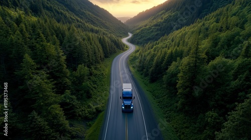 A lone semi-truck drives a winding road through a lush green forest at sunset. The vibrant colors and tranquil setting create a peaceful yet adventurous mood.