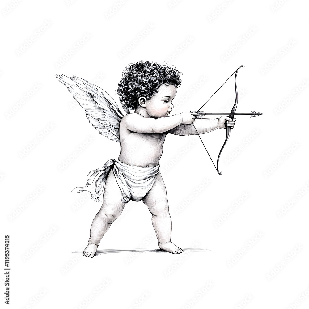 Fototapeta premium Vintage illustration of a cupid with bow shooting isolated on white background 