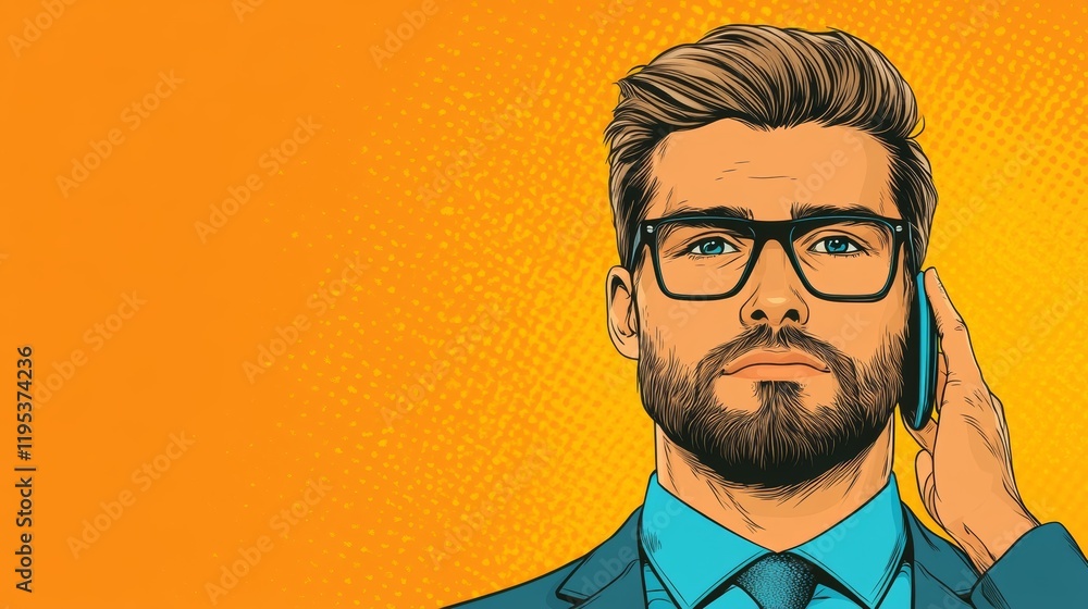 A stylish businessman with a beard, wearing glasses, makes a phone call against a vibrant orange background. A stylish businessman with a beard, wearing glasses, makes a phone call against a vibrant orange background.