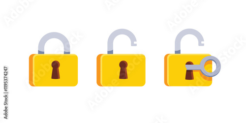 Set of Lock flat icon. The padlock unlocked and locked with the key. Lock closed and lock open. Symbol protection and secure. Vector illustration isolated on a white background.