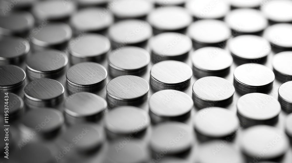 Rows of shiny circular metallic objects reflecting light with pale silver and bright white bokeh in the background Rows of shiny circular metallic objects reflecting light with pale silver and bright white bokeh in the background