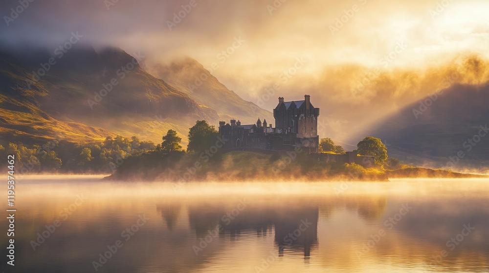 Fototapeta premium Historic castle shrouded in fog on a tranquil lake at dawn with surrounding mountains