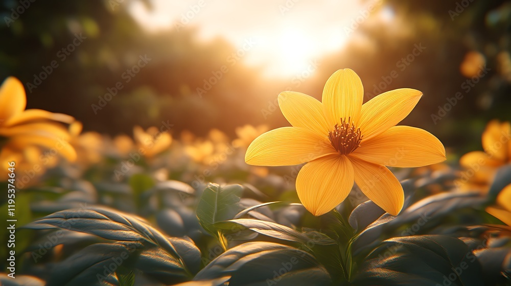 Obraz premium Golden flower field at sunset.