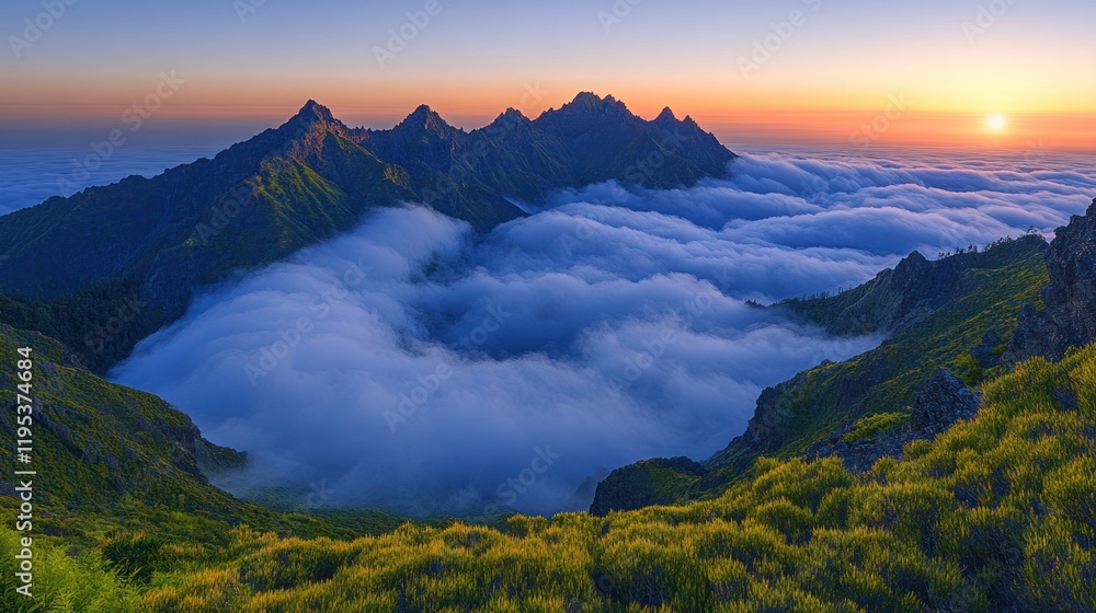 Obraz premium Sunrise over mountain peaks above clouds.