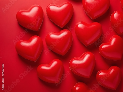 Decorative red hearts scattered on a vibrant red background for romantic occasions and celebrations. Valentine’s Day, date, engagement, love, wedding, background