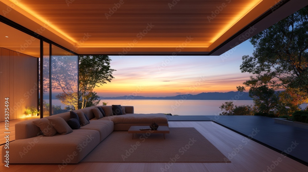 Fototapeta premium Tranquil sunset view from a modern, minimalist living room. Neutral tones and floor-to-ceiling windows create a serene atmosphere.