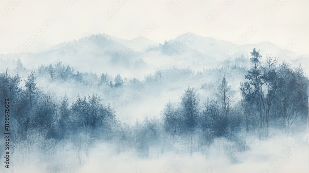 Fototapeta premium Pale blue mist envelops serene mountain landscape with delicate pencil strokes