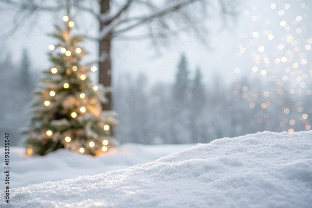 Fototapeta premium Winter Wonderland A Snowy Christmas Eve Scene with a Decorated Fir Tree and Sparkling Lights