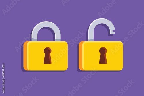 Lock flat icon. Padlock unlocked and locked. Lock closed and lock open. Symbol protection and secure. Vector illustration.