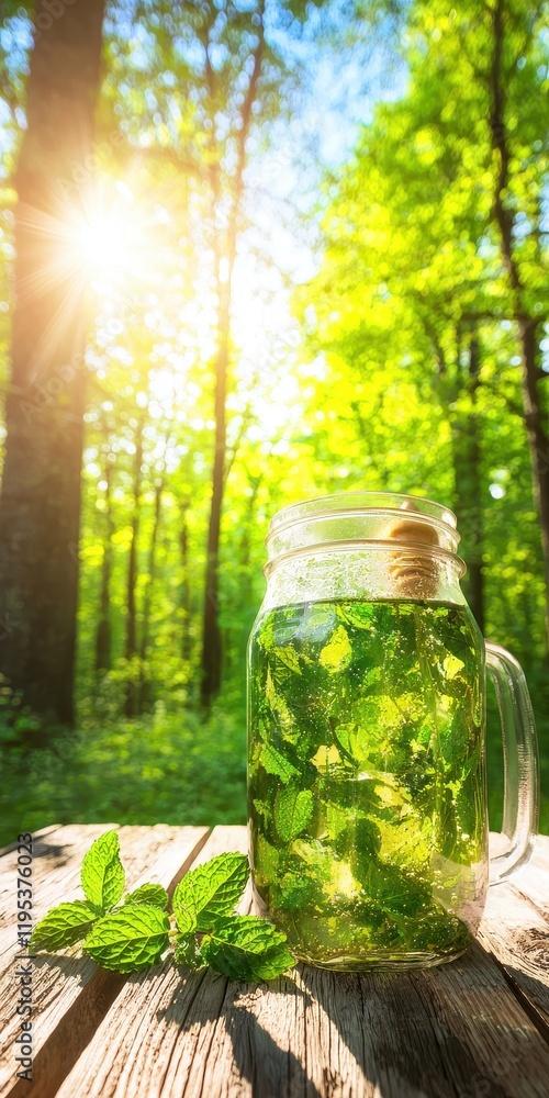 Refreshing mint infusion in a jar serene forest setting beverage photography natural light vibrant green environment Refreshing mint infusion in a jar serene forest setting beverage photography natural light vibrant green environment