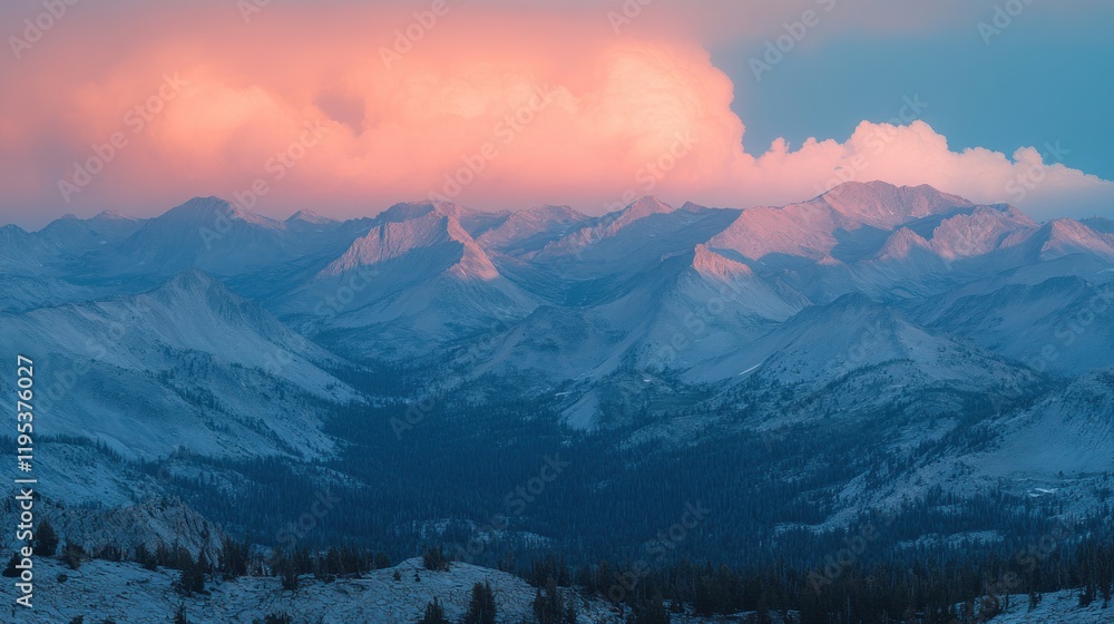 Fototapeta premium Sunset illuminates snowy mountain range.