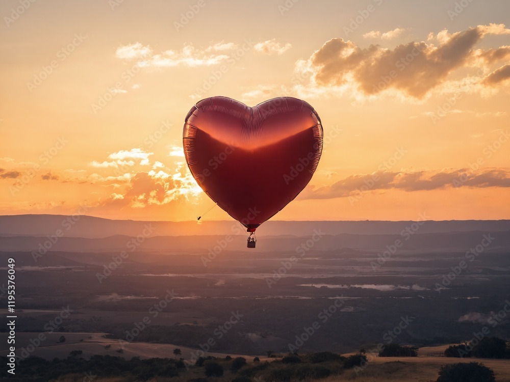 Fototapeta premium Hot air balloon in the shape of a heart soaring above a picturesque landscape at sunset. Valentine’s Day, date, engagement, love, wedding, background