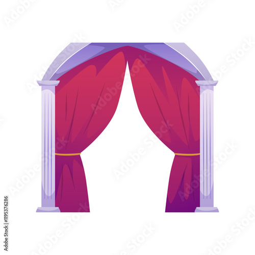 Red canopy or curtain, marble arch with columns.