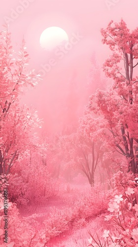 Serene Pink Landscape with Misty Trees and Soft Sunlight Glow