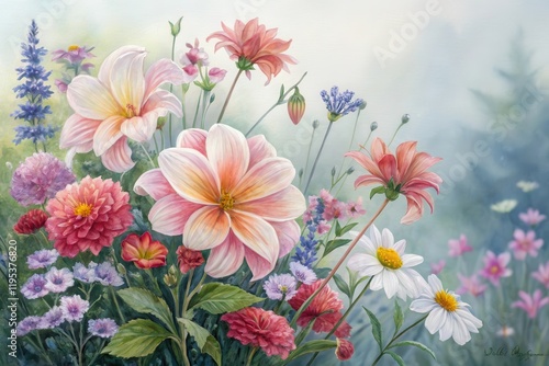 A Delicate Watercolor Painting of a Summer Garden Featuring Various Blooms, Including Dahlias and Daisies