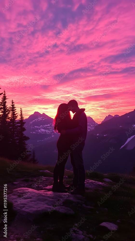 Obraz premium Romantic Silhouette Couple Against Vibrant Sunset Sky in Mountains