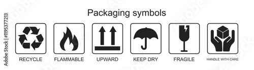 A set of packaging symbols. Common packaging warning symbols. Flat packaging icons.