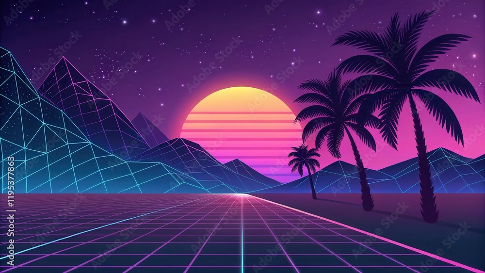Fototapeta premium Retro Sunset Over Wireframe Mountains and Palm Trees