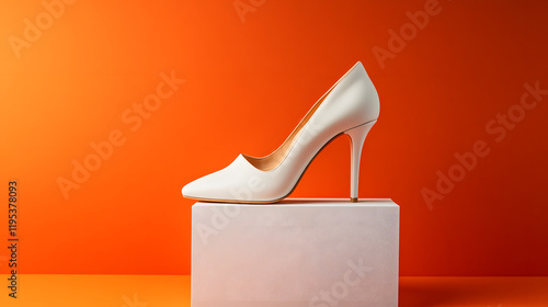 UHD 4K high-heel shoe product display on minimal white platforms with a bold orange backdrop.	 photo