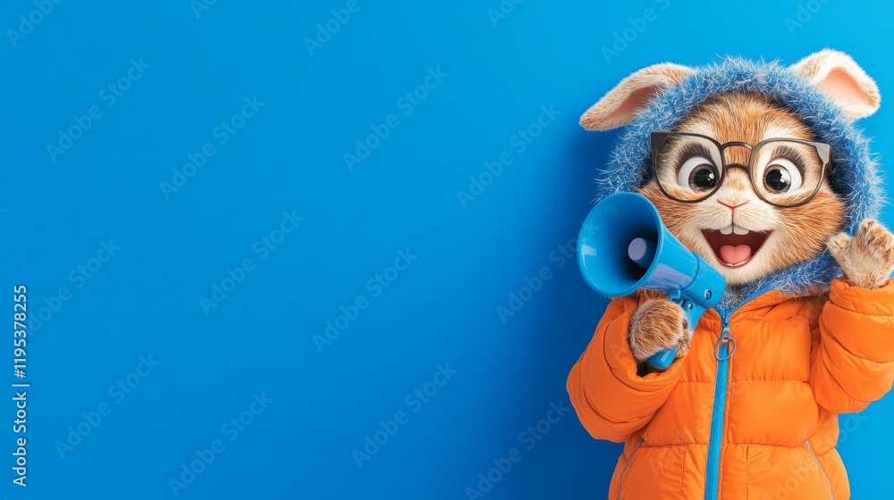 Obraz premium Adorable bunny in an orange puffer jacket and glasses holds a megaphone against a blue background.