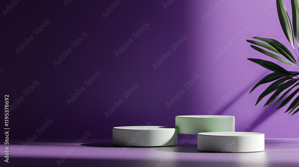UHD 4K minimalist purple product display with white circular platforms surrounded by greenery. UHD 4K minimalist purple product display with white circular platforms surrounded by greenery.