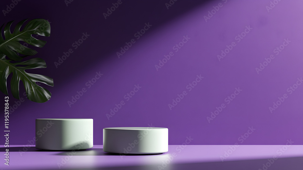 UHD 4K purple and white product display setup with circular platforms and decorative green plants. UHD 4K purple and white product display setup with circular platforms and decorative green plants.