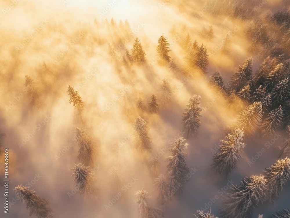 Obraz premium serene winter landscape photography snow-covered pine forest illuminated by golden sunlight breaking through morning mist