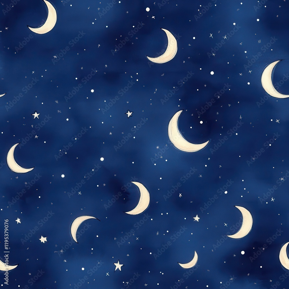 Whimsical watercolor doodle of moons and stars on a deep blue background Whimsical watercolor doodle of moons and stars on a deep blue background