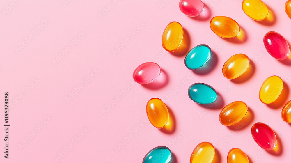 Colorful Multivitamin Gummies Placed Randomly on a Pink Background Colorful Multivitamin Gummies Placed Randomly on a Pink Background