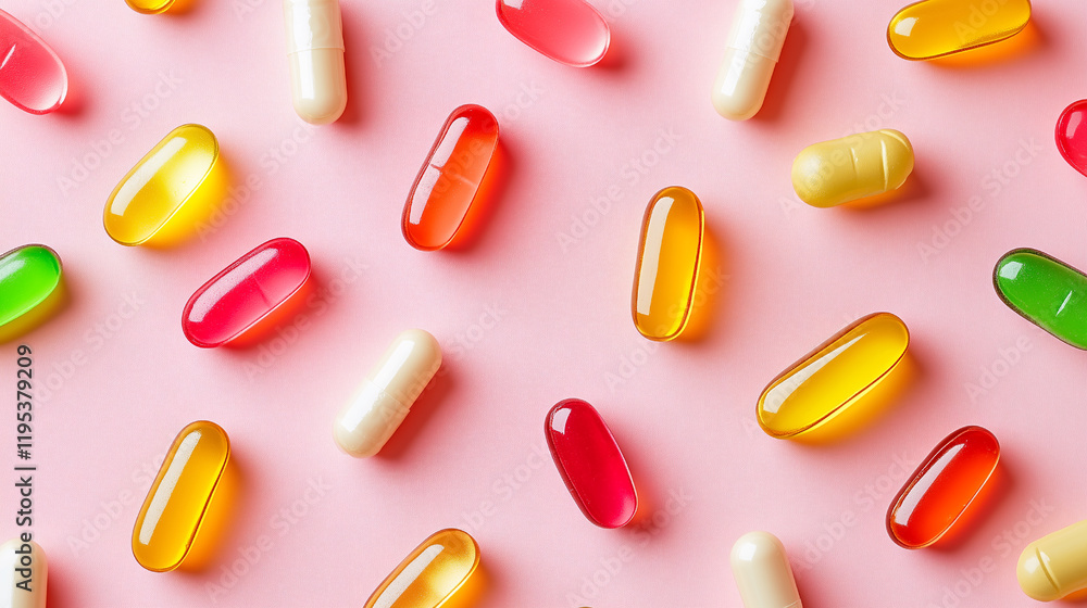 Colorful Multivitamin Gummies Placed Randomly on a Pink Background Colorful Multivitamin Gummies Placed Randomly on a Pink Background