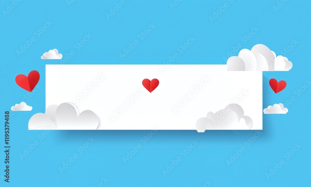 Love-themed paper art design featuring clouds and hearts set against a bright blue background. Valentine’s Day, date, engagement, love, wedding, background Love-themed paper art design featuring clouds and hearts set against a bright blue background. Valentine’s Day, date, engagement, love, wedding, background