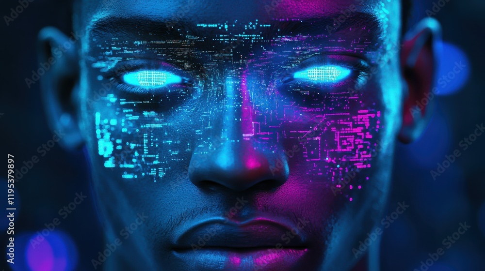 Vibrant portrait capturing a man's face infused with digital elements and neon lights in a futuristic setting Vibrant portrait capturing a man's face infused with digital elements and neon lights in a futuristic setting