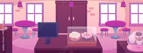 Bakery shop interior, counter and showcase with cake dessert, culinary and pastry products assortment, vector flat cafe