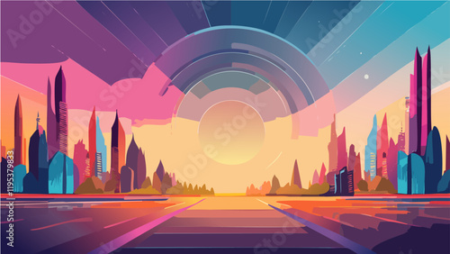 Abstract cityscape illustration with urban skyline and vibrant night lights