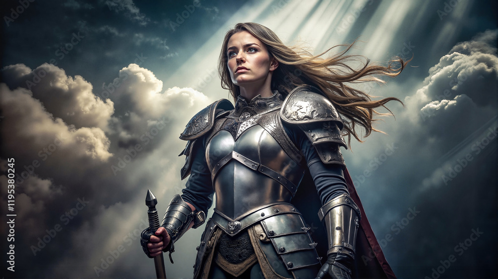 Fototapeta premium Woman in armor with dramatic clouds in the background