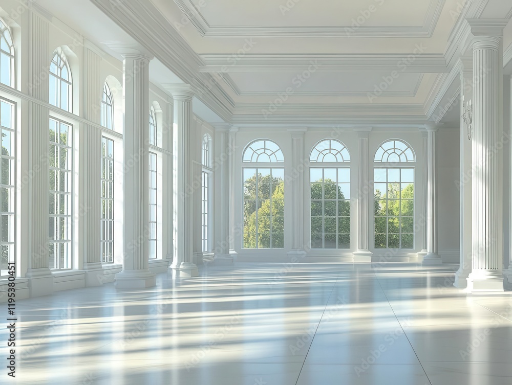 Fototapeta premium spacious interior with grand columns and tall windows, showcasing a 3d rendering of an empty space, inviting for architectural designs or event planning, bright and open feel