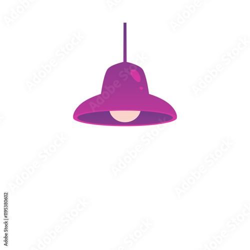 Hanging lamp with purple lampshade flat vector icon, chandelier lightbulb, lamp with metal shade loft interior design