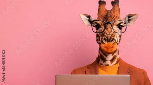 A giraffe wearing glasses sits in front of a laptop against a pink background.  Humorous and quirky image.