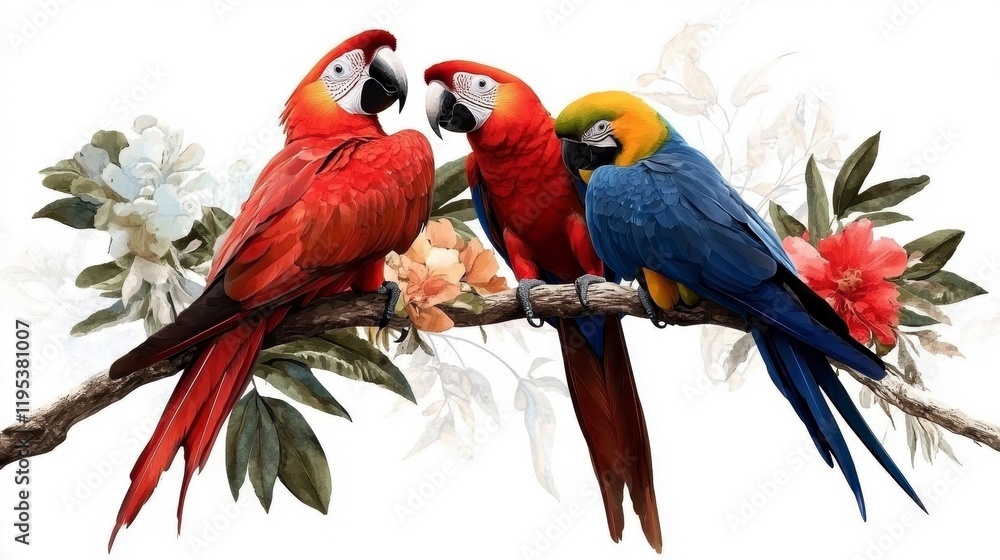 Obraz premium Vibrant Stained Glass Parrots in Watercolor, intricate design, bold colors, elegant composition, clean white backdrop, high-resolution artwork