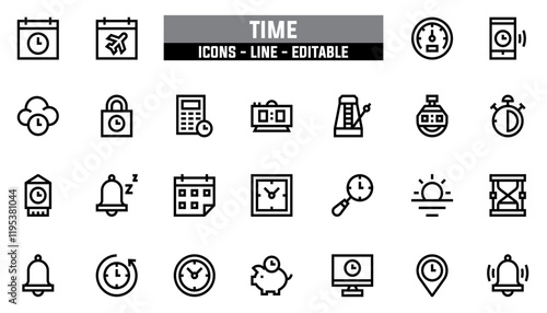 Set of 25 line icons time. Editable stroke. Vector illustration