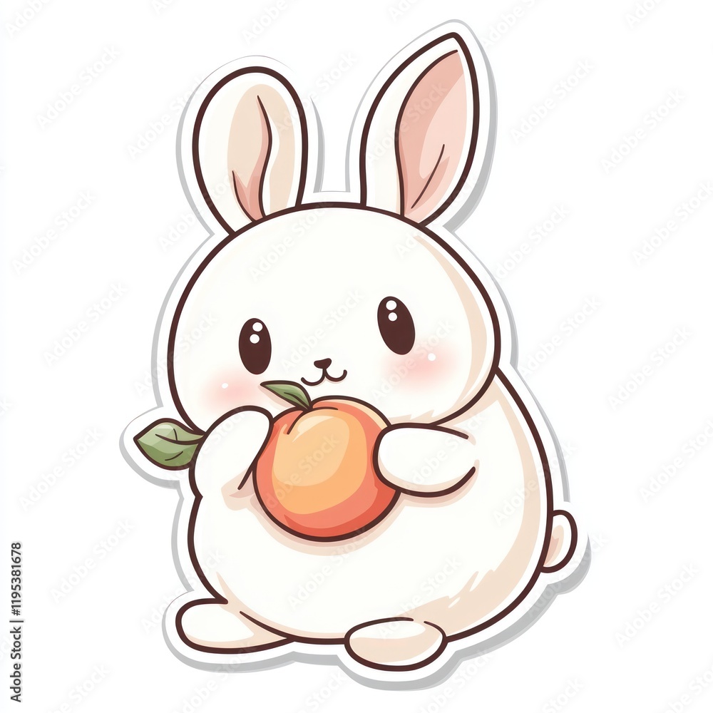 Obraz premium White bunny holds peach, digital art sticker, white background for design
