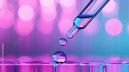 Pipette dripping liquid with pink blue bokeh background