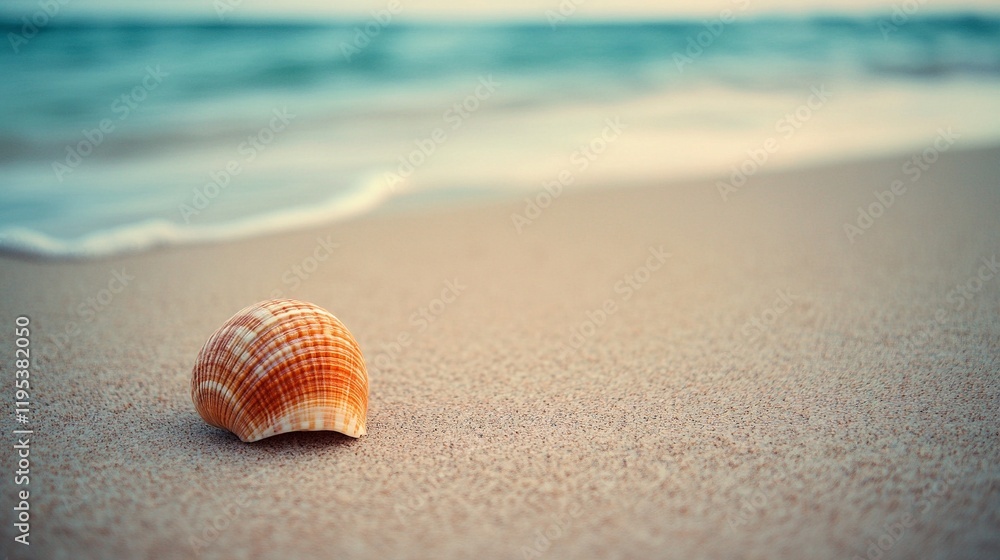 Lone seashell resting on soft beach sand with tranquil ocean waves in the background capturing coastal serenity and simplicity Lone seashell resting on soft beach sand with tranquil ocean waves in the background capturing coastal serenity and simplicity
